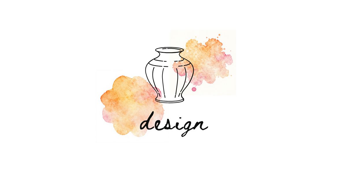 Minimalist vase illustration with soft watercolor background and handwritten "design" text