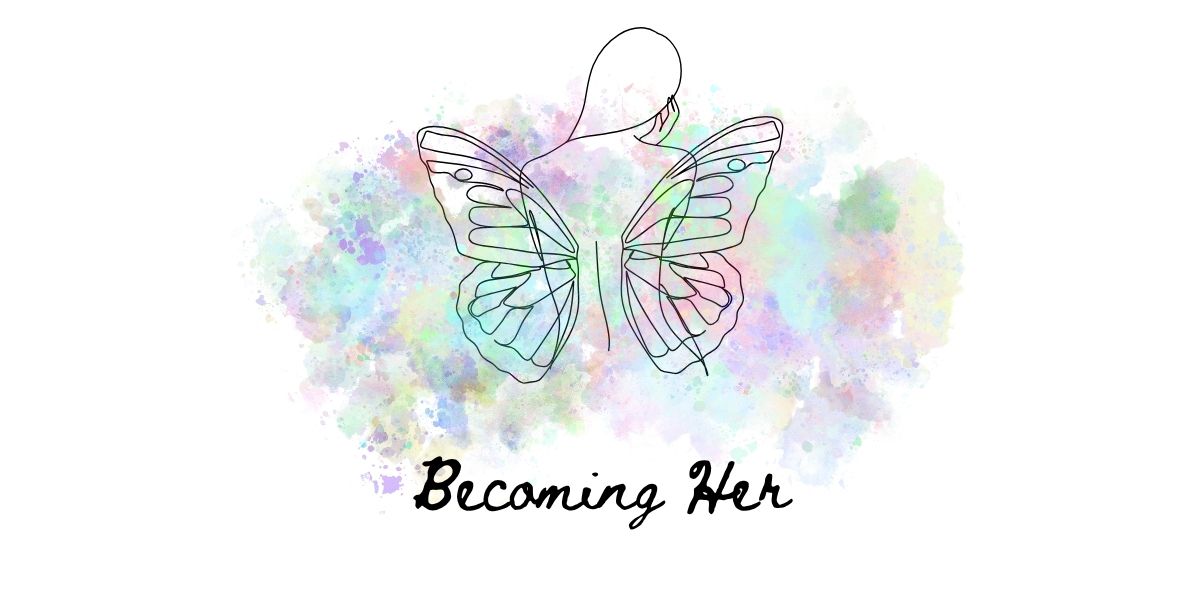 Becoming her butterfly illustration representing personal growth, feminine reinvention, self-development, faith, wellness, and intentional living for women